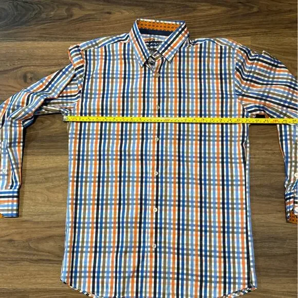 Luchiano Visconti Men's Size L Button-Down Shirt  Plaid Orange Blue Black Brown - Picture 6 of 6